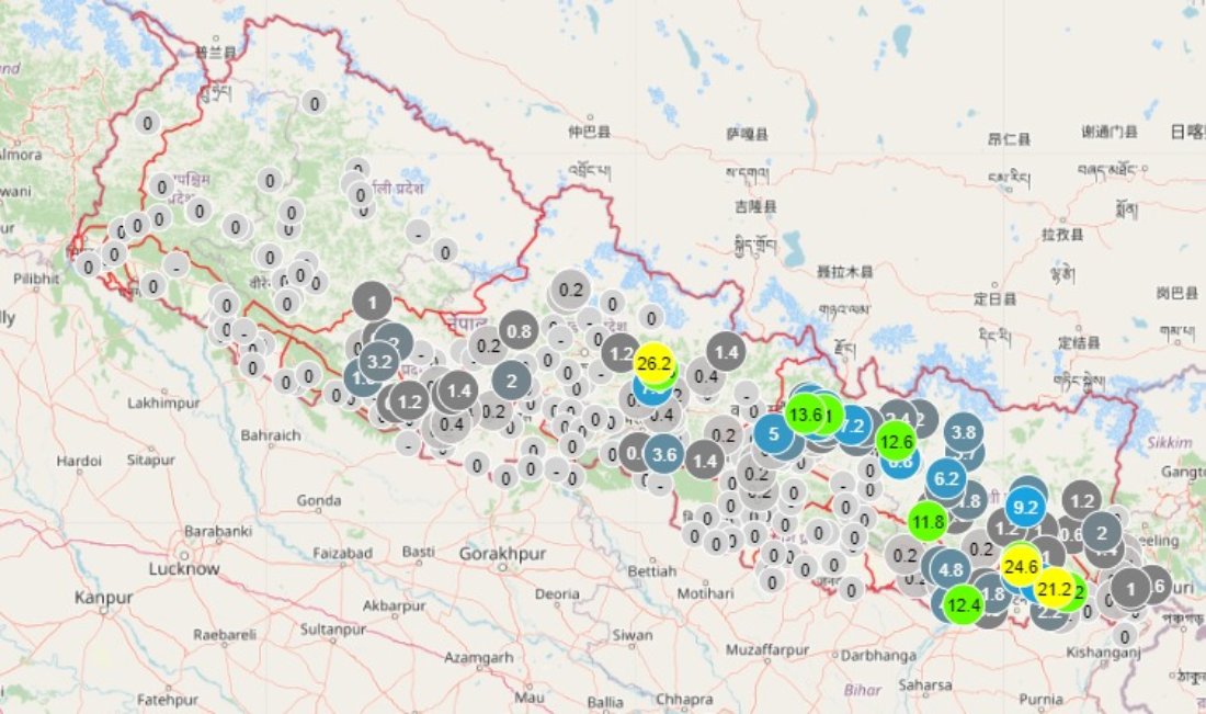 कोशी, बागमती, गण्डकी र लुम्बिनी प्रदेशका केही स्थानमा भारी वर्षा हुने