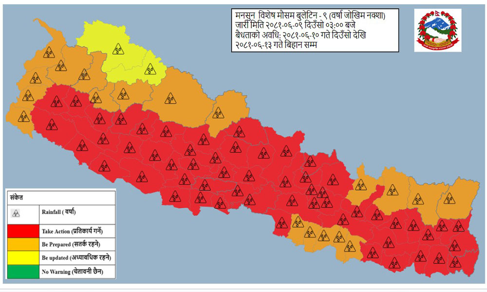 भोलिदेखि भारी वर्षाको सम्भावना, यी ५६ जिल्ला उच्च जोखिममा